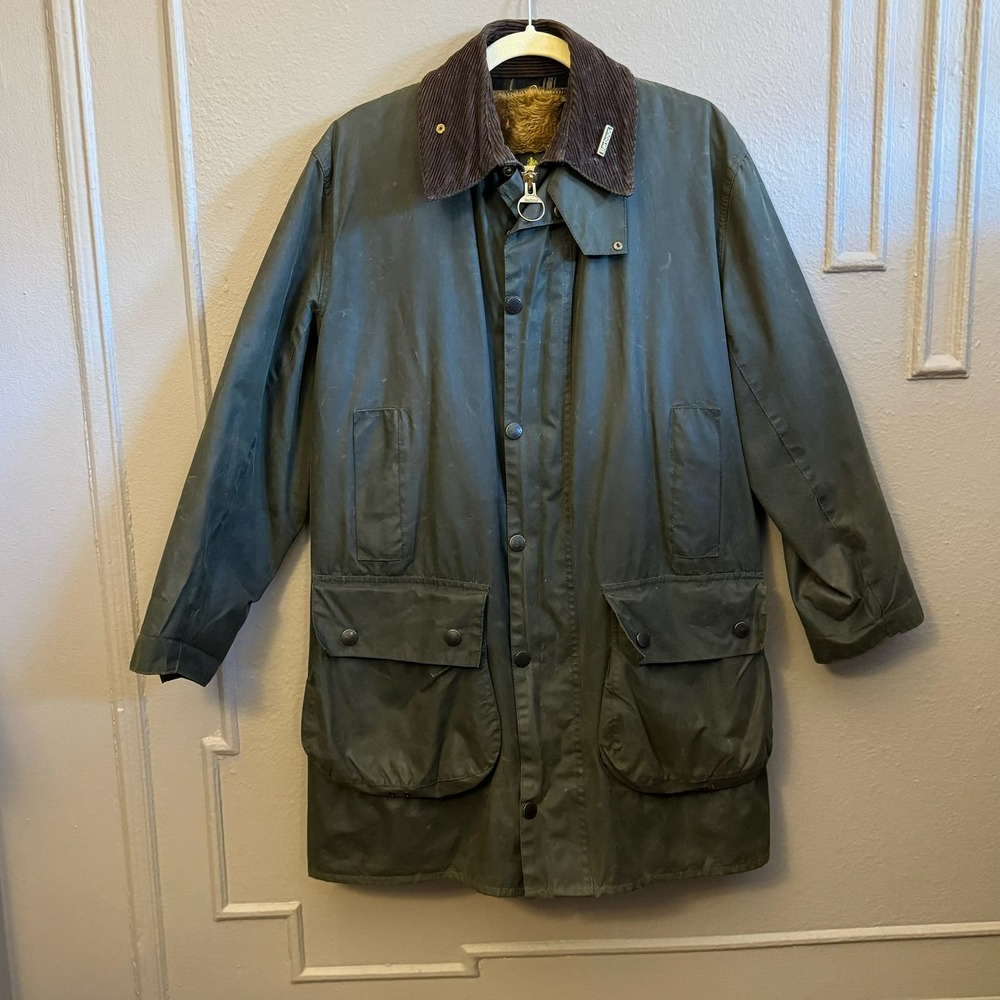 (VINTAGE) BARBOUR A200 Waxed Cotton Border Jacket w/ Faux-fur Lining